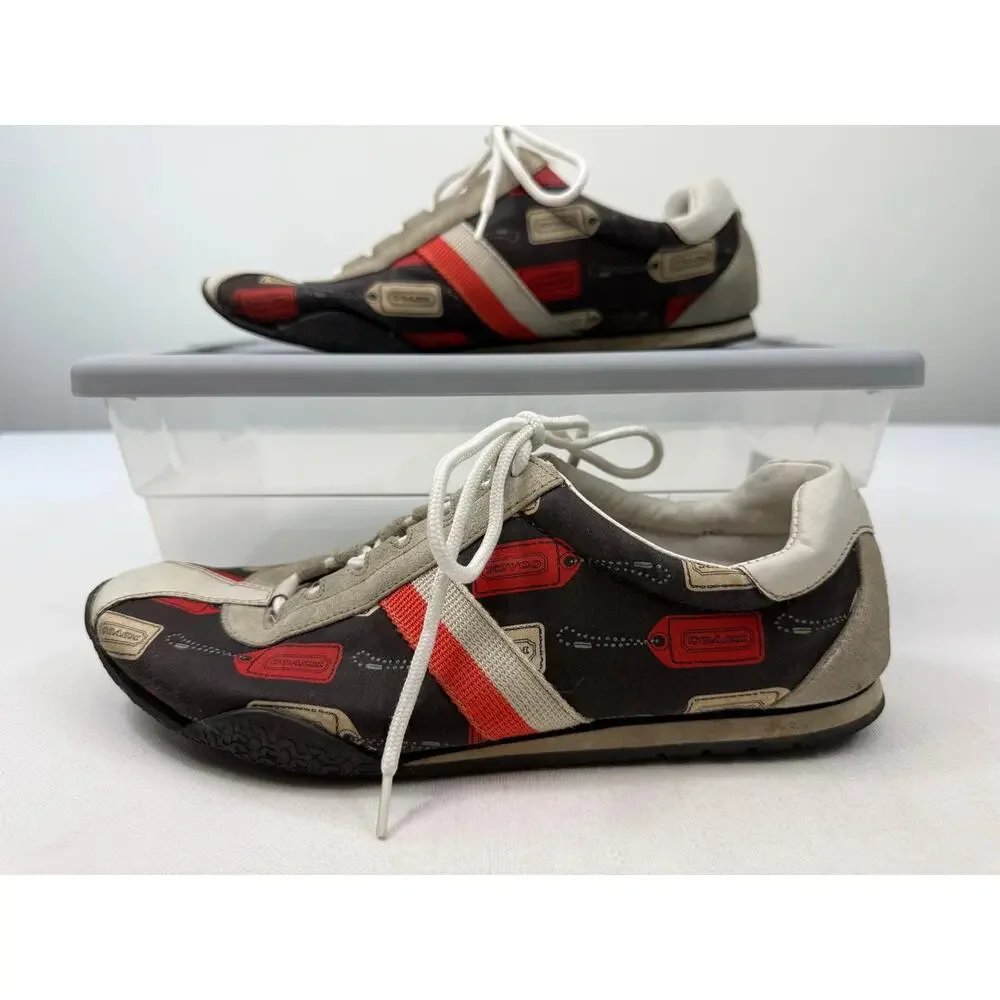 Coach Kate Logo Tag Print Leather Sneakers Size 10M Brown Orange‎ Designer Shoes